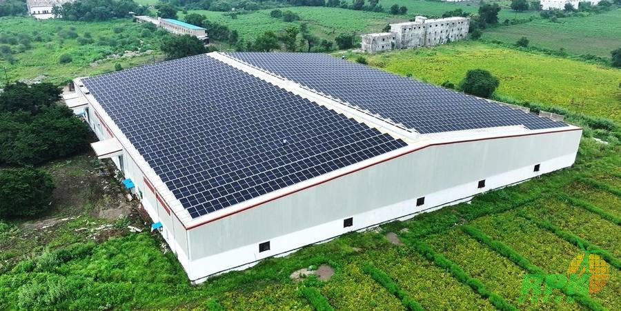 Completed rooftop solar installation, aerial view